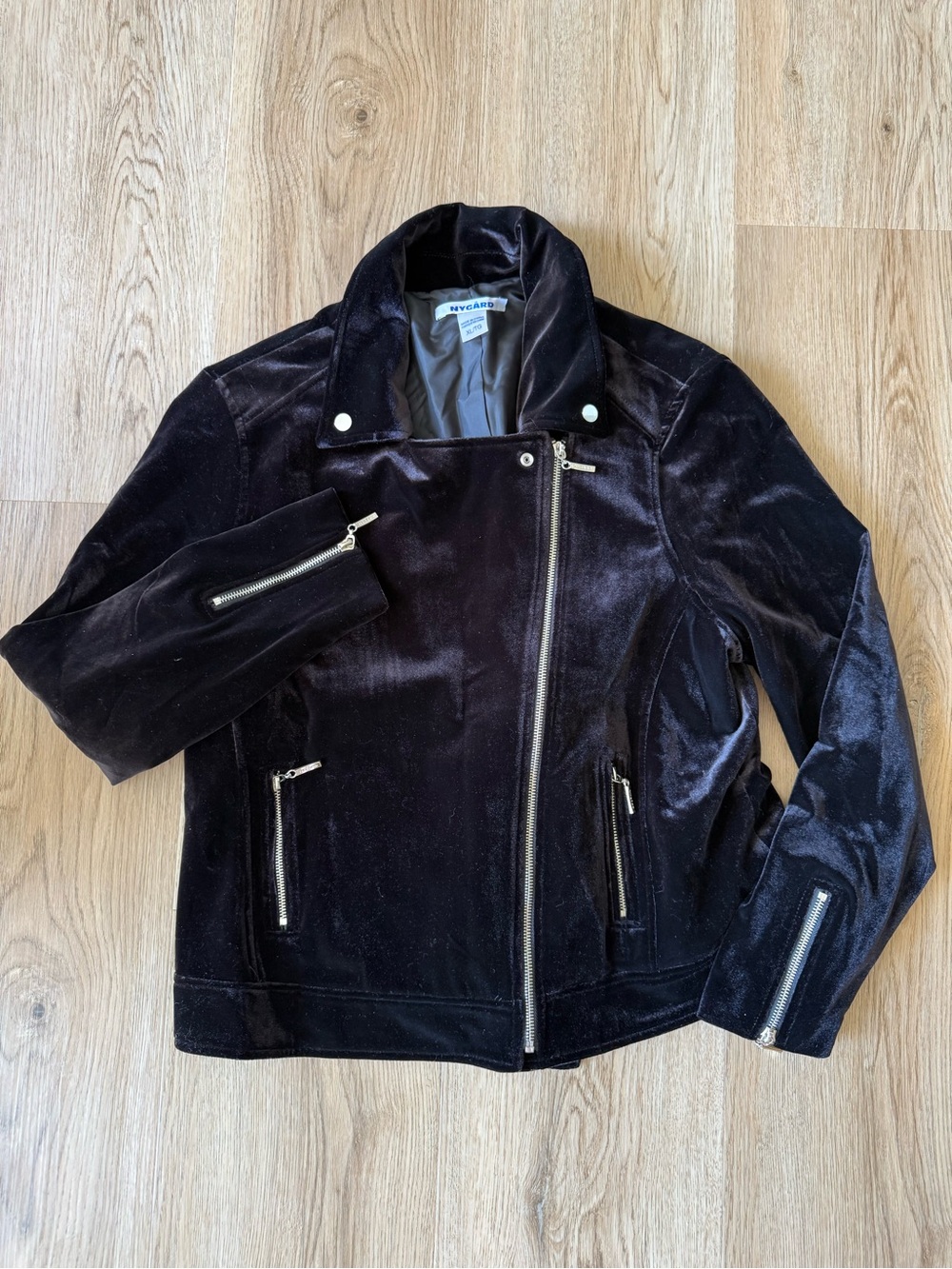 NYGÅRD Black Velvet Moto Biker Jacket Women’s XL Silver Zipper Detail